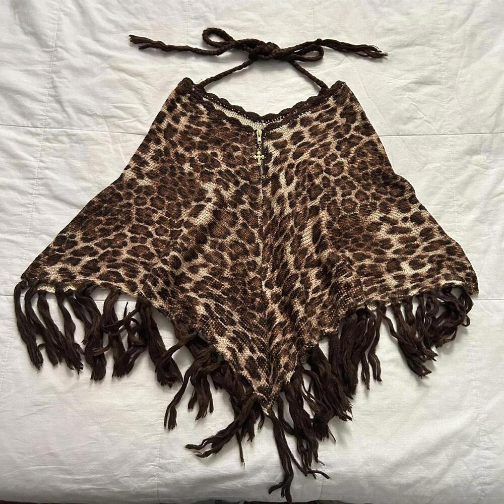 Y2K D.i.a. Leopard print poncho w fringe gold cross zipper